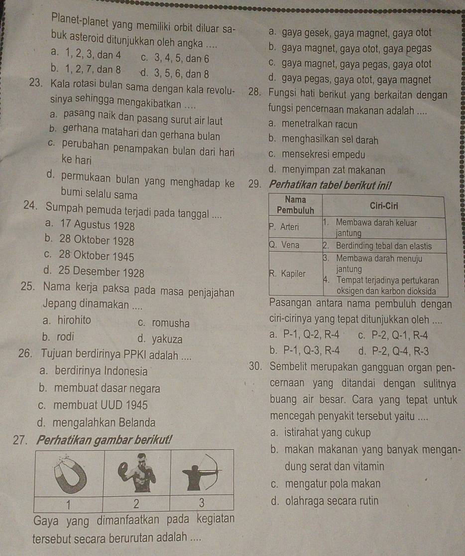 Planet-planet yang memiliki orbit diluar sa- a. gaya gesek, gaya magnet, gaya otot
buk asteroid ditunjukkan oleh angka .... b. gaya magnet, gaya otot, gaya pegas
a. 1, 2, 3, dan 4 c. 3, 4, 5, dan 6
c. gaya magnet, gaya pegas, gaya otot
b. 1, 2, 7, dan 8 d. 3, 5, 6, dan 8 d. gaya pegas, gaya otot, gaya magnet
23. Kala rotasi bulan sama dengan kala revolu- 28. Fungsi hati berikut yang berkaitan dengan
sinya sehingga mengakibatkan .... fungsi pencernaan makanan adalah ....
a. pasang naik dan pasang surut air laut a. menetralkan racun
b. gerhana matahari dan gerhana bulan b. menghasilkan sel darah
c. perubahan penampakan bulan dari hari c. mensekresi empedu
ke hari
d.menyimpan zat makanan
d. permukaan bulan yang menghadap ke 29. Perhatikan tabel berikut ini!
bumi selalu sama
24. Sumpah pemuda terjadi pada tanggal ....
a. 17 Agustus 1928
b. 28 Oktober 1928 
c. 28 Oktober 1945
d. 25 Desember 1928 
25. Nama kerja paksa pada masa penjajahan
Jepang dinamakan .... Pasangan antara nama pembuluh dengan
a. hirohito c. romusha ciri-cirinya yang tepat ditunjukkan oleh ....
a. P-1, Q-2, R-4
b. rodi d. yakuza c. P-2, Q-1, R-4
b. P-1, Q-3, R-4
26. Tujuan berdirinya PPKI adalah .... d. P-2, Q-4, R-3
a. berdirinya Indonesia
30. Sembelit merupakan gangguan organ pen-
b. membuat dasar negara
cernaan yang ditandai dengan sulitnya
c. membuat UUD 1945
buang air besar. Cara yang tepat untuk
d. mengalahkan Belanda
mencegah penyakit tersebut yaitu ....
a. istirahat yang cukup
27. Perhatikan gambar berikut!
b. makan makanan yang banyak mengan-
dung serat dan vitamin
c. mengatur pola makan
d. olahraga secara rutin
Gaya yang dimanfaatkan pada kegiatan
tersebut secara berurutan adalah ....