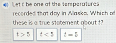 Let t be one of the temperatures
recorded that day in Alaska. Which of
these is a true statement about t?
t>5 t<5</tex> t=5