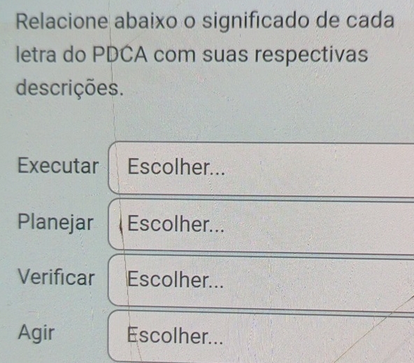 Relacione abaixo o significado de cada 
letra do PDCA com suas respectivas 
descrições. 
Executar Escolher... 
Planejar Escolher... 
Verificar Escolher... 
Agir Escolher...