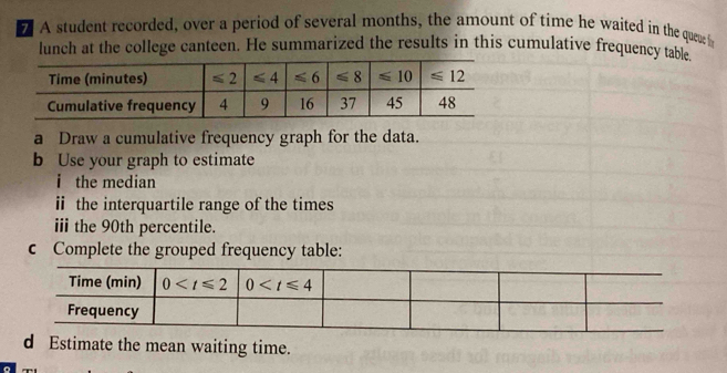 A student recorded, over a period of several months, the amount of time he waited in the quer f
lunch at the college canteen. He summarized the results in this cumulative frequency table.
a Draw a cumulative frequency graph for the data.
b Use your graph to estimate
i the median
i the interquartile range of the times
ii the 90th percentile.
c Complete the grouped frequency table:
d Estimate the mean waiting time.
。