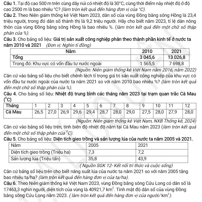 Tại độ cao 500 m trên cùng dãy núi có nhiệt độ là 30°C :, cùng thời điểm này nhiệt độ ở độ
cao 2500 m là bao nhiêu°C :? (làm tròn kết quả đến hàng đơn vị của °C).
Câu 2. Theo Niên giám thống kê Việt Nam 2023, dân số của vùng Đồng bằng sông Hồng là 23,4
triệu người, trong đó dân số thành thị là 9,2 triệu người. Hãy cho biết năm 2023, tỉ lệ dân nông
thôn của vùng Đồng bằng sông Hồng là bao nhiêu %. (làm tròn kết quả đến một chữ số thập
phân của %).
Câu 3. Cho bảng số liệu: Giá trị sản xuất công nghiệp phân theo thành phần kinh tế ở nước ta
năm 2010 và 2021 (Đơn vị: Nghìn tỉ đồng)
(Nguồn: Niên giám thống kê Việt Nam năm 2016, năm 2022)
Căn cứ vào bảng số liệu cho biết chênh lệch tỉ trọng giá trị sản xuất công nghiệp của khu vực có
vốn đầu tư nước ngoài của nước ta năm 2021 so với năm 2010 bao nhiêu %? (làm tròn kết quả
đến một chữ số thập phân của %).
Câu 4. Cho bảng số liệu: Nhiệt độ trung bình các tháng năm 2023 tại trạm quan trắc Cà Mau
(^circ C)
(Nguồn: Niên giám thống kê Việt Nam, NXB Thống kê, 2024)
Căn cứ vào bảng số liệu trên, tính biên độ nhiệt độ năm tại Cà Mau năm 2023 (làm tròn kết quả
đến một chữ số thập phân của°C).
Câu 5. Cho bảng số liệu: Diện tích gieo trồng và sản lượng lúa của nước ta năm 2005 và 2021.
( Nguồn SGK 12- Kết nối tri thức và cuộc sống)
Căn cứ bảng số liệu trên cho biết năng suất lúa của nước ta năm 2021 so với năm 2005 tăng
bao nhiêu tạ/ha? (làm tròn kết quả đến hàng đơn vị của tạ/ha).
Câu 6. Theo Niên giám thống kê Việt Nam 2023, vùng Đồng bằng sông Cửu Long có dân số là
17463,3 nghìn người, diện tích của vùng là 40921,7km^2. Tính mật độ dân số của vùng Đồng
bằng sông Cửu Long năm 2023. ( làm tròn kết quả đến hàng đơn vị của người/ km^2).