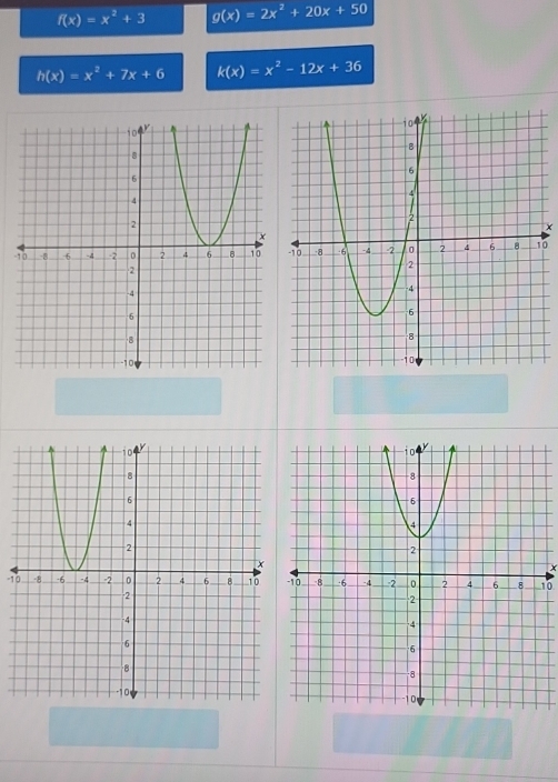 f(x)=x^2+3 g(x)=2x^2+20x+50
h(x)=x^2+7x+6 k(x)=x^2-12x+36
-0
x
-110