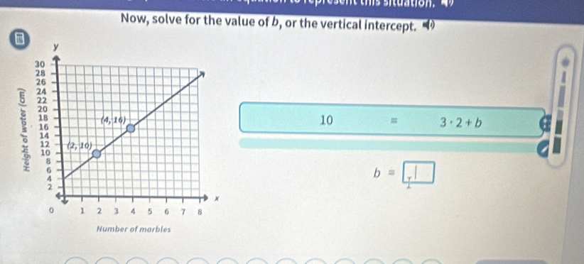 Now, solve for the value of b, or the vertical intercept. 
30
2
2
2
2
2
10
1 = 3· 2+b a
1
1
1
b=□
Number of marbles