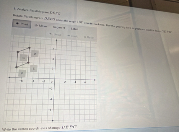 Analyze Parallelogram DEFG
Rotate Parallelogram DEFG about the origin 180° counterclockwise. Use the graphing tools to graph and label the tigure D'EFG 
Point Move Segment Labe! 
Write the vertex coordinates of image D'E'F'G'.