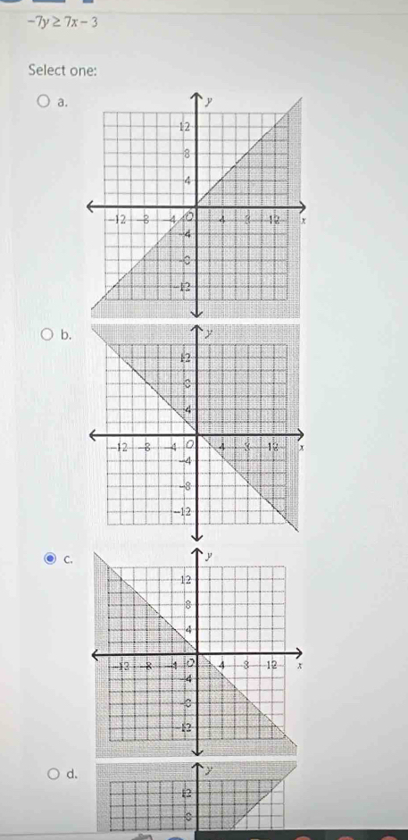 -7y≥ 7x-3
Select one: 
a. 
b. 
C. 
d.
y
12