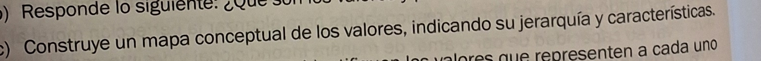 ) Responde lo siguiente: ¿ Que 
c) Construye un mapa conceptual de los valores, indicando su jerarquía y características. 
lores que representen a cada uno