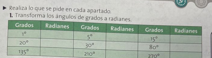 Realiza lo que se pide en cada apartado.
Transforma los ángulos de grad