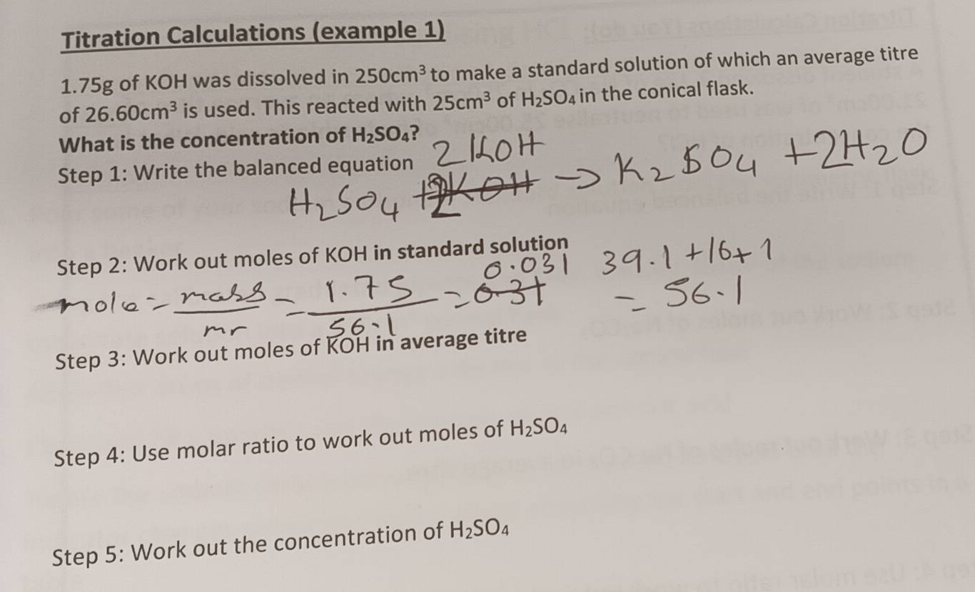 Gelöst:Titration Calculations (example 1) 1.75g of KOH was dissolved in ...