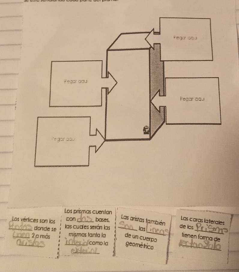 Los prismas cuentan 
Los vértices son los 
Don_ bases, 
Las aristas también 
Los caras laterales 
_ 
_donde se las cuales serán las _las 
_ 
de los 
tienen forma de 
_ 
_2 o más mismas tanta la de un cuerpo 
_ 
_comola geométrico_