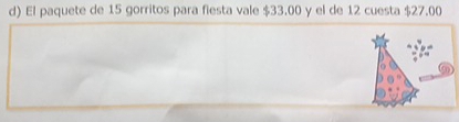 El paquete de 15 gorritos para fiesta vale $33.00 y el de 12 cuesta $27.00