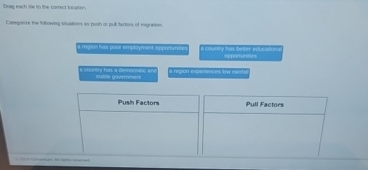 Drag each tile to the correct location.
Categorize the following situations as push or pull factors of migration
a region has poor employment opportunitie a country has better educationa
opportunities
a couriry has a democratic and stable government a region experiences low rainfa
2004 ( onertuen, A