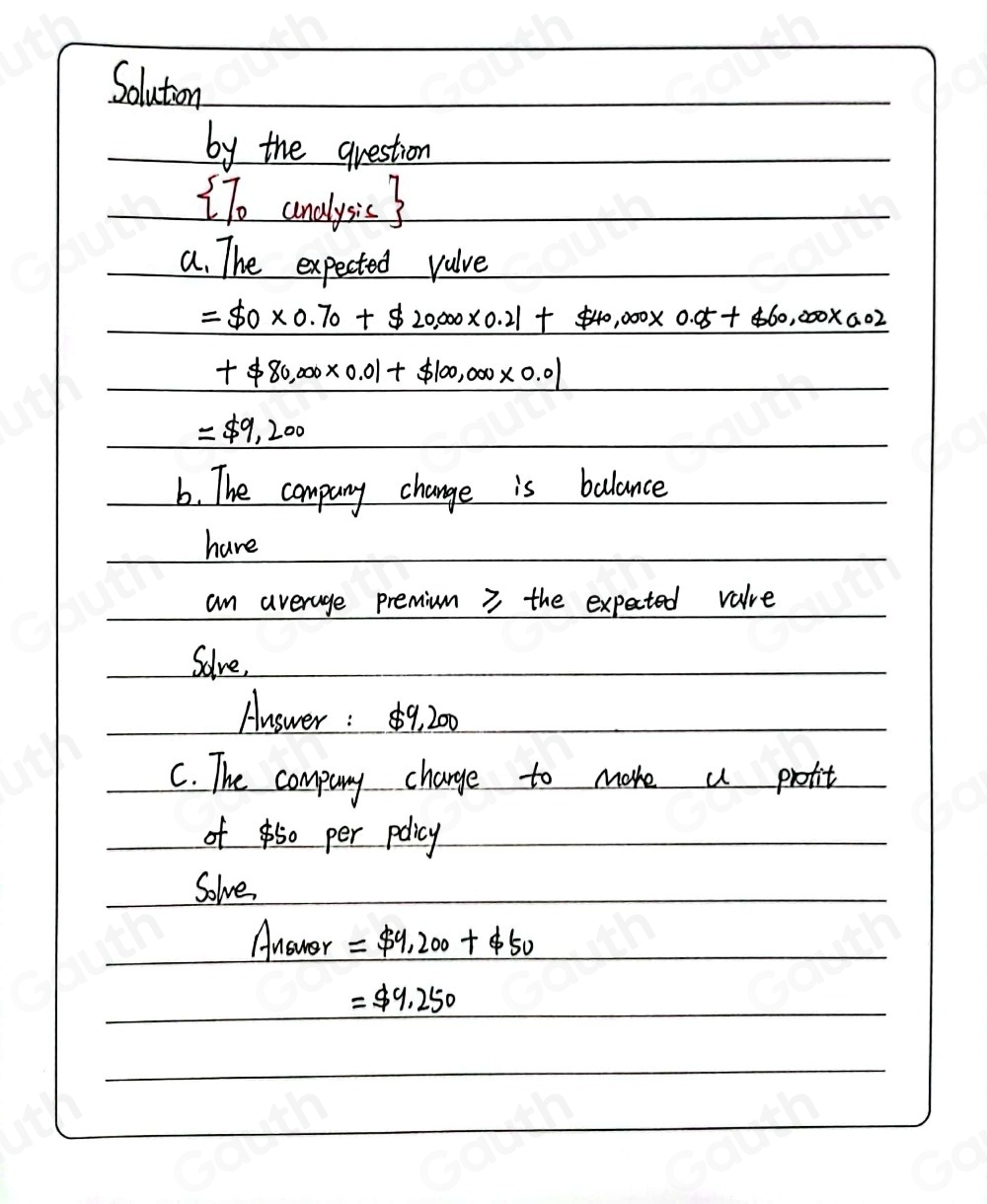 Solution 
by the grestion
 70cundysis
a. The expected vulue
=$ 0* 0.70+$ 20,000* 0.21+$ 40,000* 0.05+$ 60,000* 0.02
+$ 80,000* 0.01+$ 100,000* 0.01
=$ 9,200
b. The company change is balance 
have 
an average premium 3 the expected valre 
Solve, 
Answer : 9, 200
C. The compuny charge to more a protit 
of 50 per policy 
Solve. 
Anower =$ 9,200+phi 50
=$ 9.250