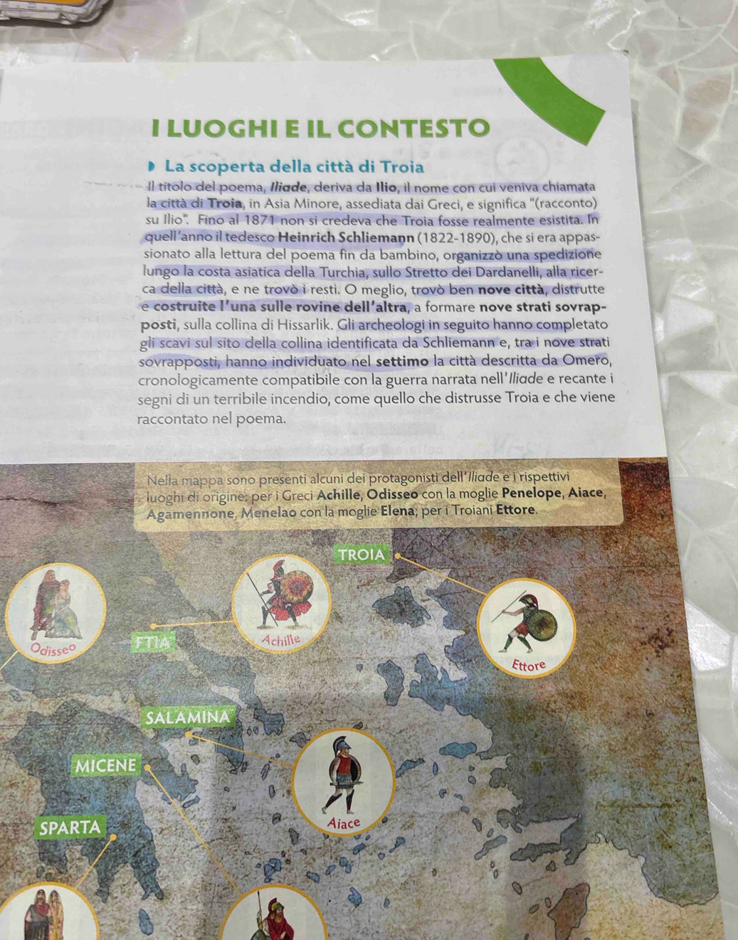 LUOGHI E IL CONTESTO 
La scoperta della città di Troia 
Il títolo del poema, Ilidde, deriva da Ilio, il nome con cui veniva chiamata 
la città di Troia, in Asia Minore, assediata dai Greci, e significa ''(racconto) 
su Ilio'. Fino al 1871 non si credeva che Troia fosse realmente esistita. In 
quell’anno il tedesco Heinrich Schliemann (1822-1890), che si era appas- 
sionato alla lettura del poema fin da bambino, organizzó una spedizione 
lungo la costa asiatica della Turchia, sullo Stretto dei Dardanelli, alla ricer- 
ca della città, e ne trovò i resti. O meglio, trovò ben nove città, distrutte 
e costruite l’una sulle rovine dell’altra, a formare nove strati sovrap- 
posti, sulla collina di Hissarlik. Gli archeologi in seguito hanno completato 
gli scavi sul sito della collina identificata da Schliemann e, tra i nove strati 
sovrapposti, hanno individuato nel settimo la città descritta da Omero, 
cronologicamente compatibile con la guerra narrata nell'Iliqde e recante i 
segni di un terribile incendio, come quello che distrusse Troia e che viene 
raccontato nel poema. 
Nella mappa sono presenti alcuni dei protagonisti dell' Iliqde e i rispettivi 
luoghi di origine: per i Greci Achille, Odisseo con la moglie Penelope, Aiace, 
elao con la moglie Elena; per i Troiani Ettore.