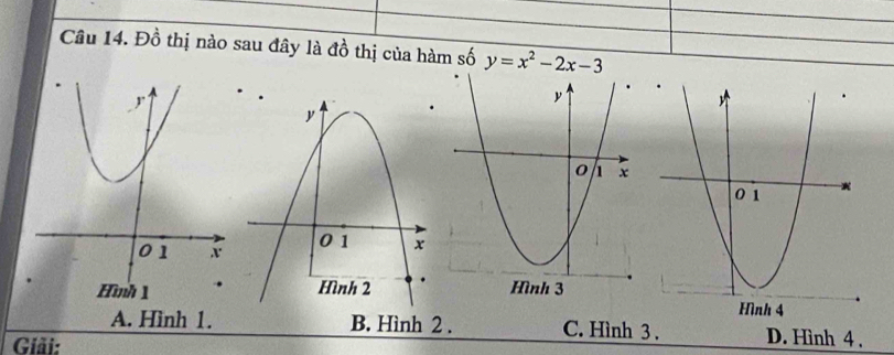 Đồ thị nào sau đây là đồ thị của hàm số y=x^2-2x-3
A. Hình 1. B. Hình 2 . C. Hình 3 . D. Hình 4 ,
Giải: