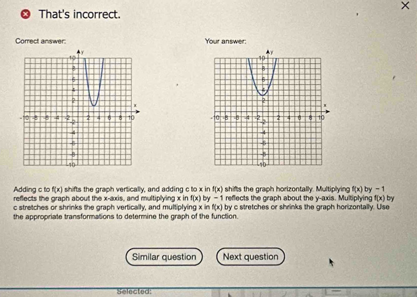 ×
X That's incorrect. 
Correct answer. Your answer: 


Adding c to f(x) shifts the graph vertically, and adding c to x in f(x) shifts the graph horizontally. Multiplying f(x) by -1
reflects the graph about the x-axis, and multiplying x in f(x) by - 1 reflects the graph about the y-axis. Multiplying f(x) by 
c stretches or shrinks the graph vertically, and multiplying x in f(x) by c stretches or shrinks the graph horizontally. Use 
the appropriate transformations to determine the graph of the function. 
Similar question Next question 
Selected: