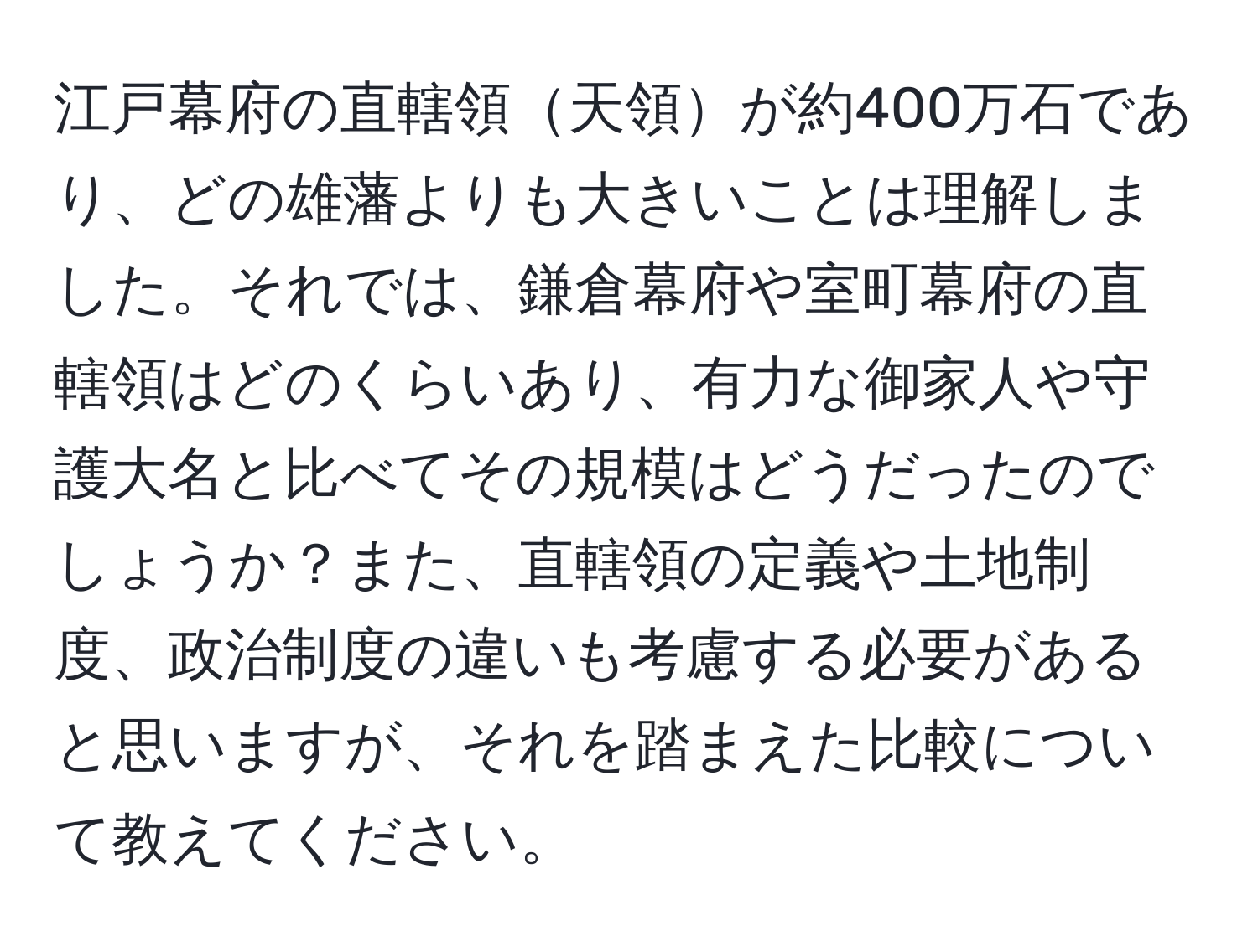 江戸幕府の直轄領天領が約400万石であり、どの雄藩よりも大きいことは理解しました。それでは、鎌倉幕府や室町幕府の直轄領はどのくらいあり、有力な御家人や守護大名と比べてその規模はどうだったのでしょうか？また、直轄領の定義や土地制度、政治制度の違いも考慮する必要があると思いますが、それを踏まえた比較について教えてください。