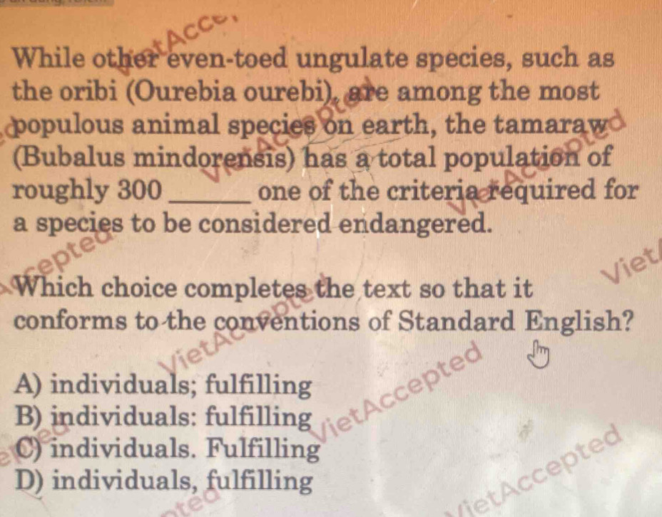 While other even-toed ungulate species, such as
the oribi (Ourebia ourebi), are among the most
populous animal species on earth, the tamaraw
(Bubalus mindorensis) has a total population of
roughly 300 _one of the criteria required for
a species to be considered endangered.
Viet
Which choice completes the text so that it
conforms to the conventions of Standard English?

A) individuals; fulfilling

B) individuals: fulfilling
Ack
C) individuals. Fulfilling
ted
D) individuals, fulfilling