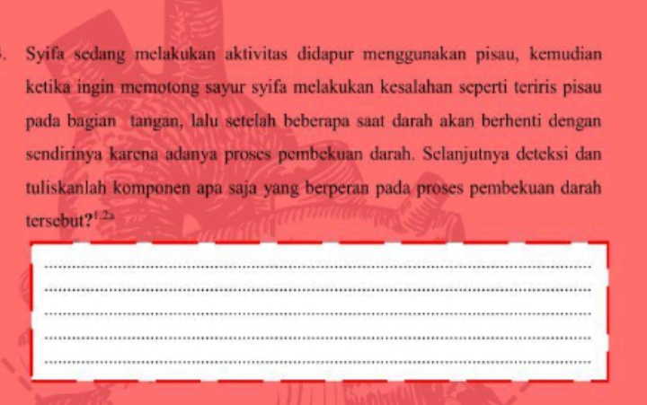 Syifa sedang melakukan aktivitas didapur menggunakan pisau, kemudian 
ketika ingin memotong sayur syifa melakukan kesalahan seperti teriris pisau 
pada bagian tangan, lalu setelah beberapa saat darah akan berhenti dengan 
sendirinya karena adanya proses pembekuan darah. Selanjutnya deteksi dan 
tuliskanlah komponen apa saja yang berperan pada proses pembekuan darah 
tersebut?12 
_ 
__ 
_ 
_ 
_ 
_ 
_ 
_ 
_ 
_ 
_ 
_ 
_ 
__ 
_ 
_ 
_