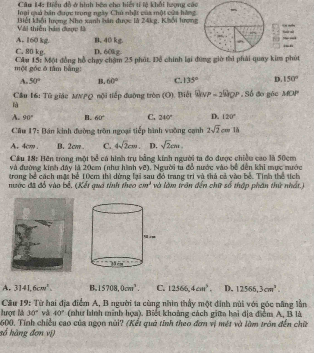 Biểu đồ ở hình bên cho biết tỉ lệ khối lượng các
loại quả bán được trong ngày Chủ nhật của một cửa hàng
Biết khối lượng Nho xanh bán được là 24kg. Khối lượn
Vài thiều bản được là
A. 160 kg. B. 40 kg.
C. 80 kg. D. 60kg.
Câu 15: Một đồng hồ chạy chặm 25 phút. Đề chính lại đùng giờ thì phải qu
một góc ở tâm bằng:
A. 50° B. 60° C. 135° D. 150°
Câu 16: Tử giác MNPQ nội tiếp đường tròn (O). Biết MNP =2MQP. Số đo góc MOP
là
A. 90° B. 60° C. 240° D. 120°
Câu 17: Bán kính đường tròn ngoại tiếp hình vuông cạnh 2sqrt(2)cm 18
A. 4cm . B. 2cm . C. 4sqrt(2)cm D. sqrt(2)cm.
Câu 18: Bên trong một bề cá hình trụ bằng kính người ta đo được chiều cao là 50cm
và đường kính đáy là 20cm (như hình 1 ve) 0. Người ta đổ nước vào bề đến khi mực nước
trong bề cách mặt bể 10cm thì dừng lại sau đó trang trí và thả cả vào bể. Tính thể tích
nước đã đổ vào bể. (Kết quả tỉnh theo cm^3 và làm trôn đến chữ số thập phân thứ nhất.)
A. 3141,6cm^3. B. 15708,0cm^3. C. 12566,4cm^3. D. 12566,3cm^3.
Câu 19: Từ hai địa điểm A, B người ta cùng nhìn thấy một đinh núi với góc nâng lần
lượt là 30° và 40° (như hình minh họa). Biết khoảng cách giữa hai địa điểm A, B là
600. Tính chiều cao của ngọn núi? (Kết quả tính theo đơn vị mét và làm tròn đến chữ
số hàng đơn vị)