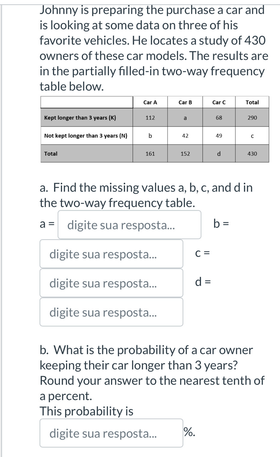 Johnny is preparing the purchase a car and 
is looking at some data on three of his 
favorite vehicles. He locates a study of 430
owners of these car models. The results are 
in the partially filled-in two-way frequency 
table below. 
a. Find the missing values a, b, c, and d in 
the two-way frequency table.
a= digite sua resposta... b=
digite sua resposta... c=
digite sua resposta...
d=
digite sua resposta... 
b. What is the probability of a car owner 
keeping their car longer than 3 years? 
Round your answer to the nearest tenth of 
a percent. 
This probability is 
digite sua resposta... %.