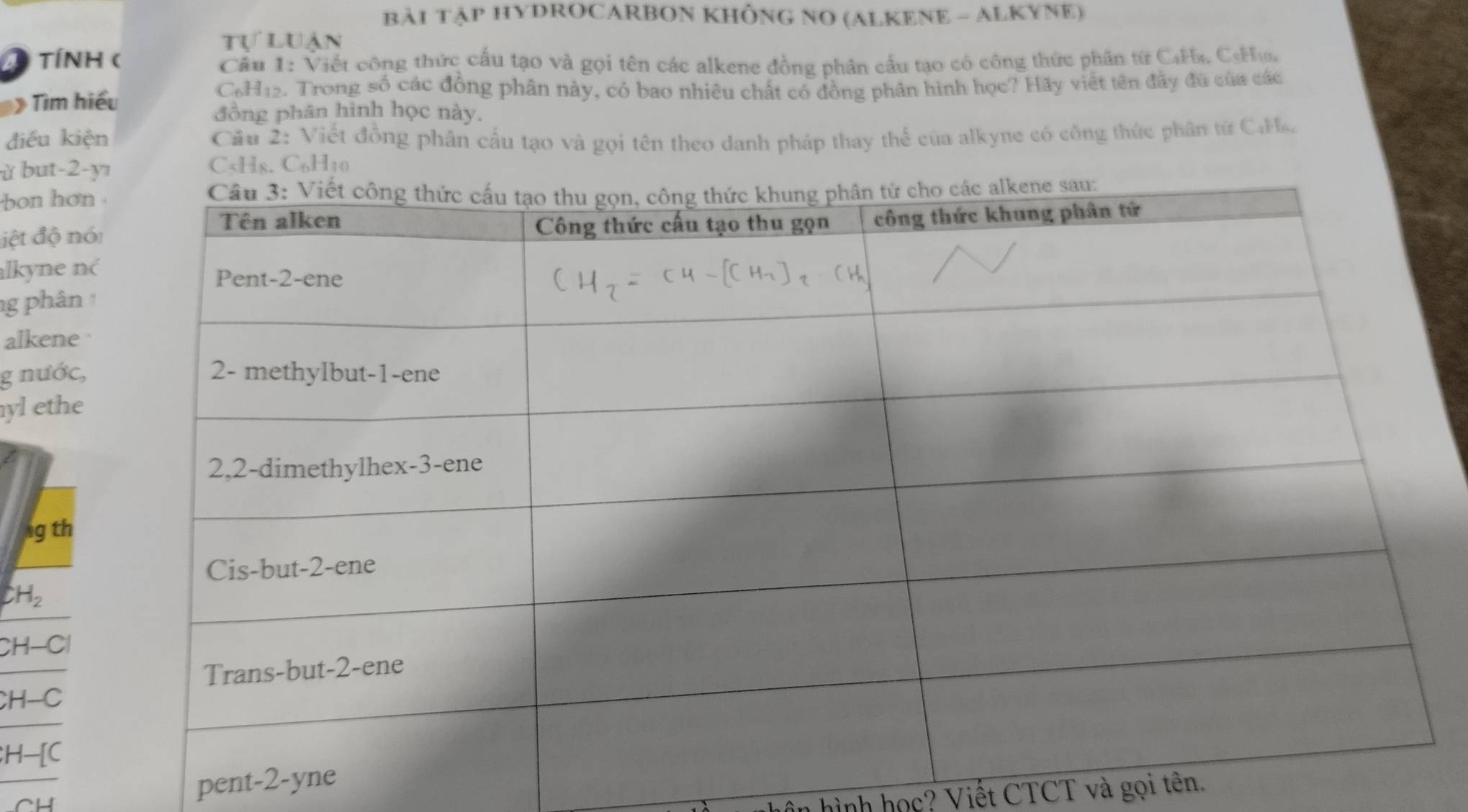 BẢI TậP HYDROCARBON KHÔNG NO (ALKENE - ALKYNE) 
tự luận 
TÍNH ( Cầu 1: Viết công thức cấu tạo và gọi tên các alkene đồng phân cầu tạo có công thức phân từ C4H. CsHo. 
Tìm hiểu
C₆H12. Trong số các đồng phân này, có bao nhiêu chất có đồng phân hình học? Hãy viết tên đầy đù của các 
đồng phân hình học này. 
điều kiện Cầu 2: Viết đồng phân cấu tạo và gọi tên theo danh pháp thay thể của alkyne có công thức phân từ CaH. 
ừ but -2-yı CsH8. C6H10
bon hơn 
iệt độ nó 
alkyne n 
ng phân 
alkene 
g nước, 
yl ethe 
g th 
CH。 
CH− C
A-C
pent-2-yne 
hình học? Viết CTCT và gọi tên.