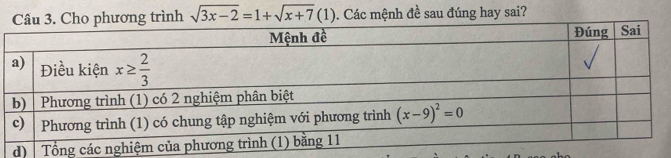 sqrt(3x-2)=1+sqrt(x+7)(1). Các mệnh đề sau đúng hay sai?
d)