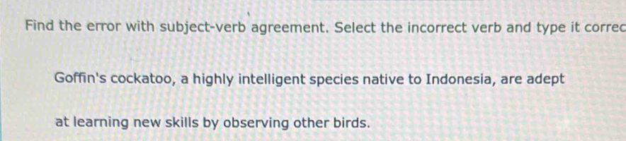 Find the error with subject-verb agreement. Select the incorrect verb and type it correc 
Goffin's cockatoo, a highly intelligent species native to Indonesia, are adept 
at learning new skills by observing other birds.