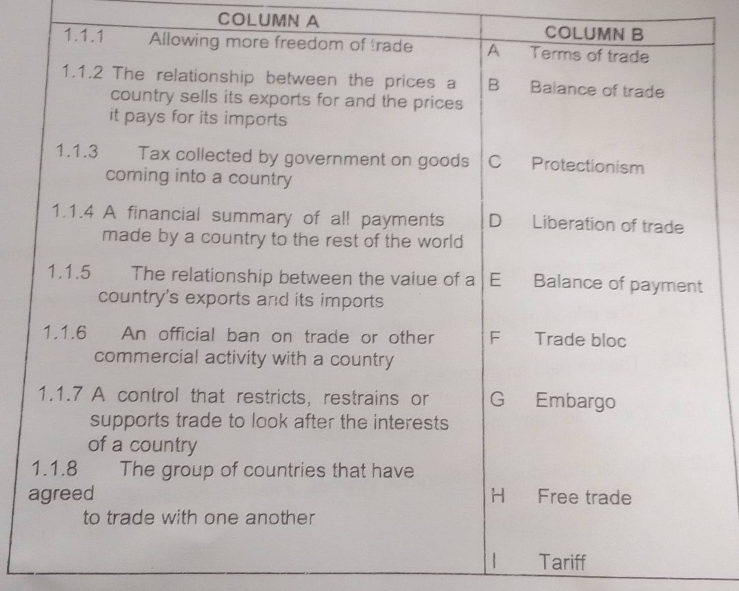 COLUMN A 
Tariff