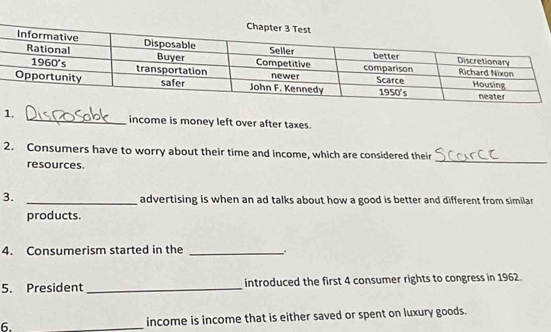 income is money left over after taxes.
_
2. Consumers have to worry about their time and income, which are considered their
resources
3. _advertising is when an ad talks about how a good is better and different from similar
products.
4. Consumerism started in the_
5. President _introduced the first 4 consumer rights to congress in 1962.
6. _income is income that is either saved or spent on luxury goods.