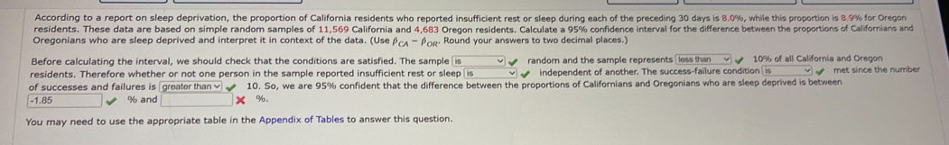 According to a report on sleep deprivation, the proportion of California residents who reported insufficient rest or sleep during each of the preceding 30 days is 8.0%, while this proportion is 8.9% for Oregon 
residents. These data are based on simple random samples of 11,569 California and 4,683 Oregon residents. Calculate a 95% confidence interval for the difference between the proportions of Californians and 
Oregonians who are sleep deprived and interpret it in context of the data. (Use hat P_CA-hat P_OR^. Round your answers to two decimal places.) 
Before calculating the interval, we should check that the conditions are satisfied. The sample random and the sample represents less than 10% of all California and Oregon 
residents. Therefore whether or not one person in the sample reported insufficient rest or sleep is independent of another. The success-failure condition met since the number 
of successes and failures is greater than 10. 5 So, we are 95% confident that the difference between the proportions of Californians and Oregonians who are sleep deprived is between
-1.85 % and %. 
You may need to use the appropriate table in the Appendix of Tables to answer this question.