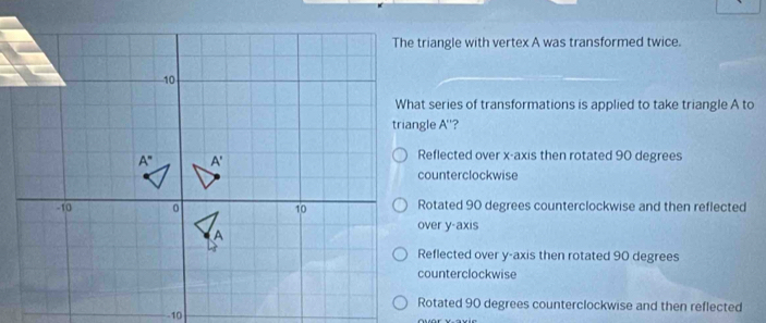 The triangle with vertex A was transformed twice.
What series of transformations is applied to take triangle A to
Reflected over x-axis then rotated 90 degrees
counterclockwise
Rotated 90 degrees counterclockwise and then reflected
over y-axis
Reflected over y-axis then rotated 90 degrees
counterclockwise
Rotated 90 degrees counterclockwise and then reflected
-10