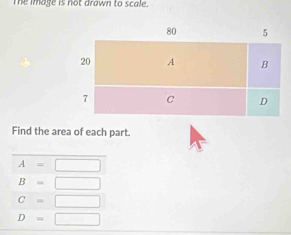 The image is not drawn to scale. 
Find the area of each part.
A= □
B=□
C=□
D=□