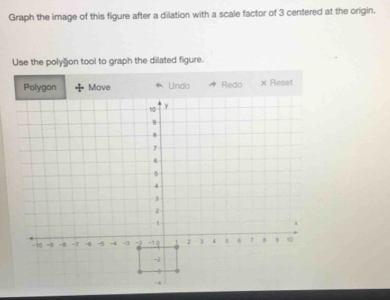 Graph the image of this figure after a dilation with a scale factor of 3 centered at the origin. 
Use the poly ≌ on tool to graph the dilated figure. 
Polygon Move Undo Redo × Reset