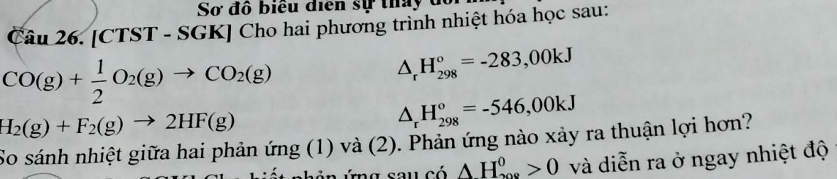 Sơ đồ biểu diễn sự tháy ở 
Câu 26. [CTST - SGK] Cho hai phương trình nhiệt hóa học sau:
CO(g)+ 1/2 O_2(g)to CO_2(g)
△ _rH_(298)°=-283,00kJ
H_2(g)+F_2(g)to 2HF(g)
△ _rH_(298)^o=-546,00kJ
So sánh nhiệt giữa hai phản ứng (1) và (2). Phản ứng nào xảy ra thuận lợi hơn? 
kản ứng sou có AH_(209)^0>0 và diễn ra ở ngay nhiệt độ