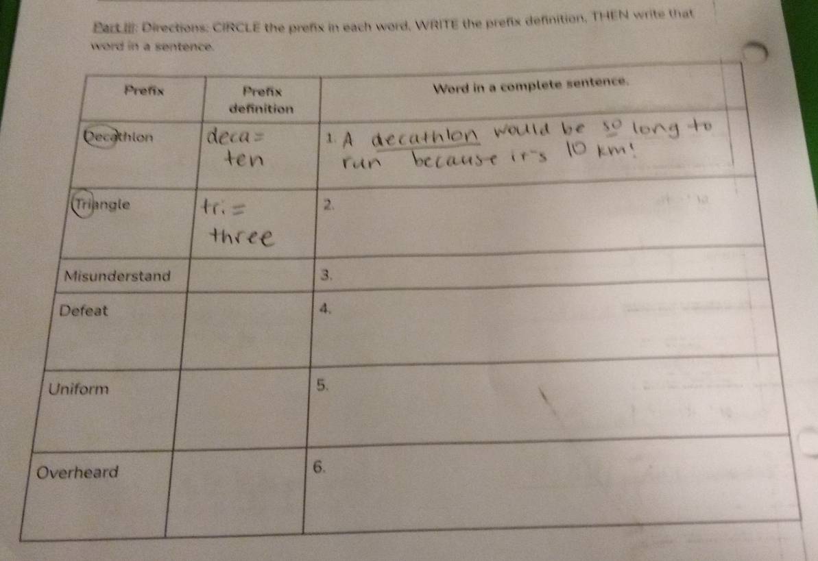 Eart.Ⅲ|: Directions: CIRCLE the prefix in each word, WRITE the prefix definition, THEN write that