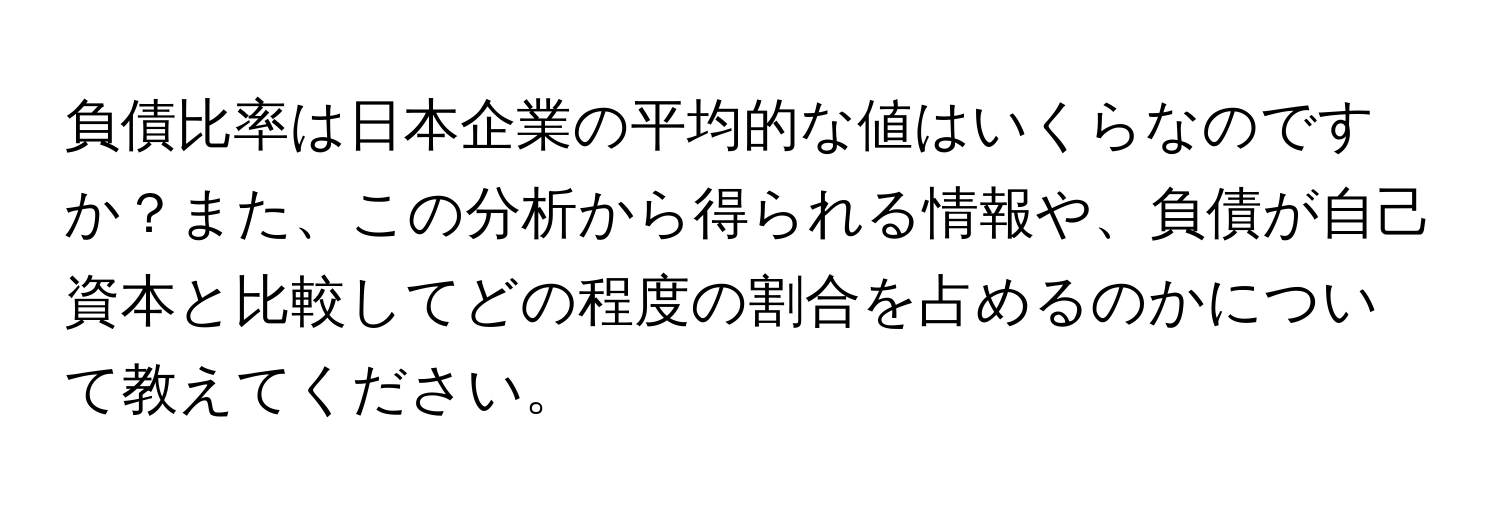 負債比率は日本企業の平均的な値はいくらなのですか？また、この分析から得られる情報や、負債が自己資本と比較してどの程度の割合を占めるのかについて教えてください。