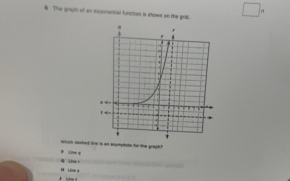 The graph of an exponential function is shown on the grid.
Which dashed line is an asymptote for the graph?
F Line q
G Line r
H Line s
J Line