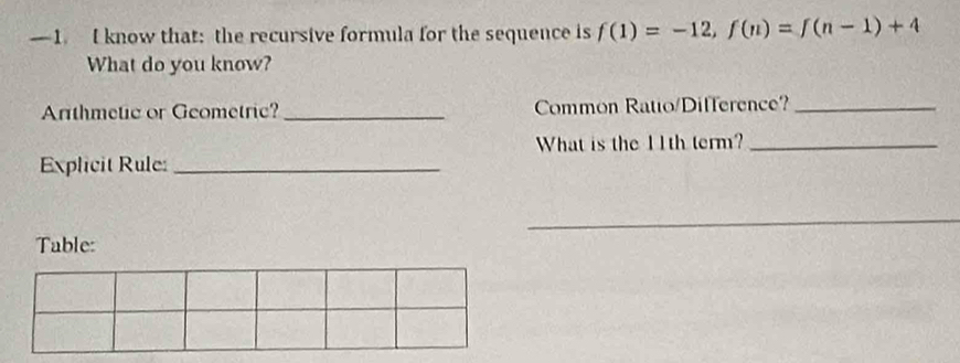 —1. I know that: the recursive formula for the sequence is f(1)=-12, f(n)=f(n-1)+4
What do you know? 
Arthmetic or Geometric? _Common Ratio/Difference?_ 
What is the 11th term?_ 
Explicit Rule:_ 
_ 
Table: