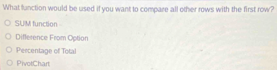 Solved: What function would be used if you want to compare all other ...