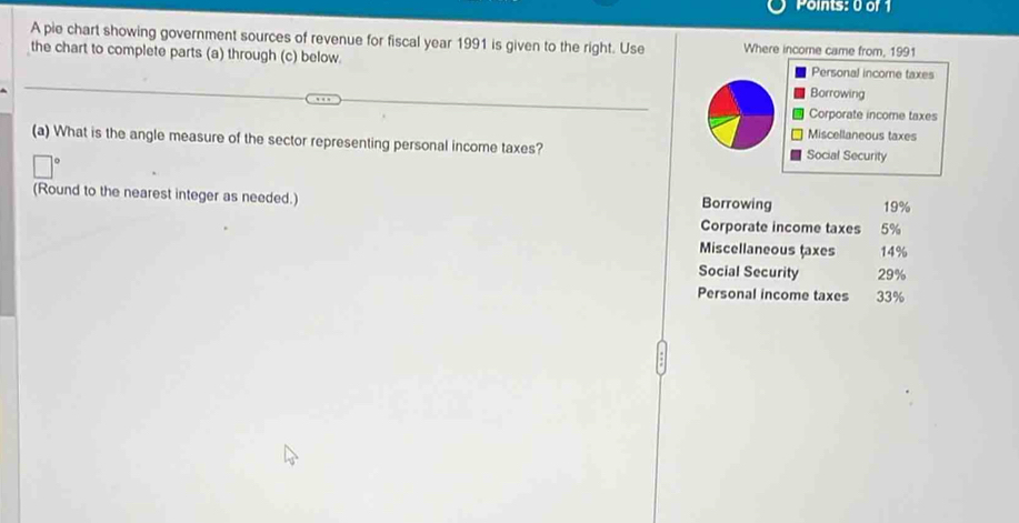 A pie chart showing government sources of revenue for fiscal year 1991 is given to the right. Use 
the chart to complete parts (a) through (c) below. 
(a) What is the angle measure of the sector representing personal income taxes? 
(Round to the nearest integer as needed.) Borrowing 19%
Corporate income taxes 5%
Miscellaneous taxes 14%
Social Security 29%
Personal income taxes 33%