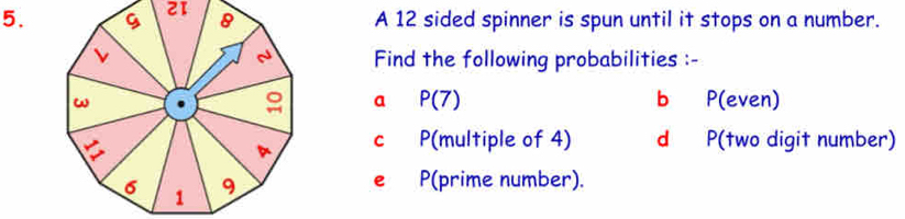 9 21 8 A 12 sided spinner is spun until it stops on a number. 
ν Find the following probabilities :- 
N 
a P(7)
ω b P(even) 
D c P(multiple of 4) d P(two digit number) 
6 1 9 e P(prime number).