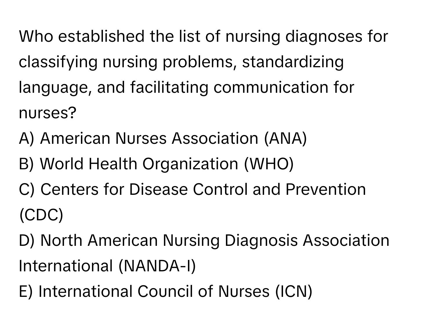 Who established the list of nursing diagnoses for classifying nursing problems, standardizing language, and facilitating communication for nurses?

A) American Nurses Association (ANA) 
B) World Health Organization (WHO) 
C) Centers for Disease Control and Prevention (CDC) 
D) North American Nursing Diagnosis Association International (NANDA-I) 
E) International Council of Nurses (ICN)