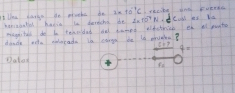 LiUna carga be prveba de 3* 10^(-7)C recibe unal fverea
horizontal hadia le derecha de 2* 10^(-4)N dcudl ies la
magnited do la tencidad del campo elactricb en el punto
dande aeta colocada la carga de la mrveba?
e=? q=
Datos