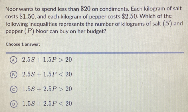 Noor wants to spend less than $20 on condiments. Each kilogram of salt
costs $1.50, and each kilogram of pepper costs $2.50. Which of the
following inequalities represents the number of kilograms of salt (S) and
pepper (P) Noor can buy on her budget?
Choose 1 answer:
a 2.5S+1.5P>20
B 2.5S+1.5P<20</tex>
1.5S+2.5P>20
1.5S+2.5P<20</tex>