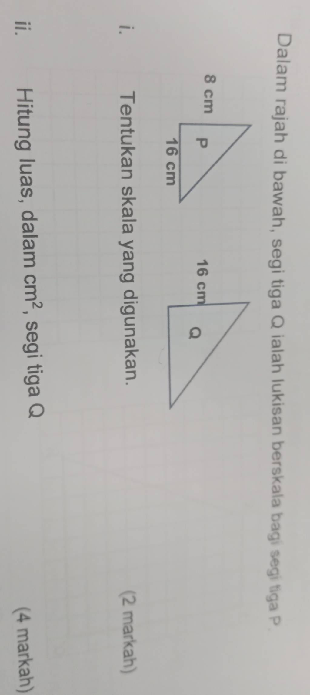 Dalam rajah di bawah, segi tiga Q ialah lukisan berskala bagi segi tiga P. 
i. Tentukan skala yang digunakan. (2 markah) 
Hitung luas, dalam cm^2 , segi tiga Q
ⅱ. (4 markah)