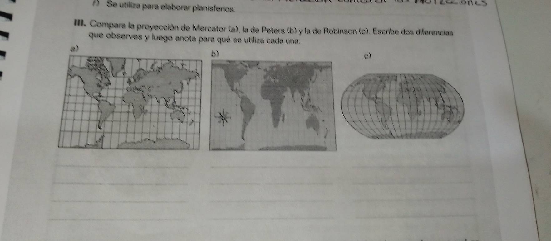 Se utiliza para elaborar planisferios. 
III. Compara la proyección de Mercator (a), la de Peters (b) y la de Robinson (c). Escribe dos diferencias 
que observes y luego anota para qué se utiliza cada una. 
a) 
c) 
_ 
_ 
__ 
__ 
_ 
__ 
_ 
_ 
_ 
_