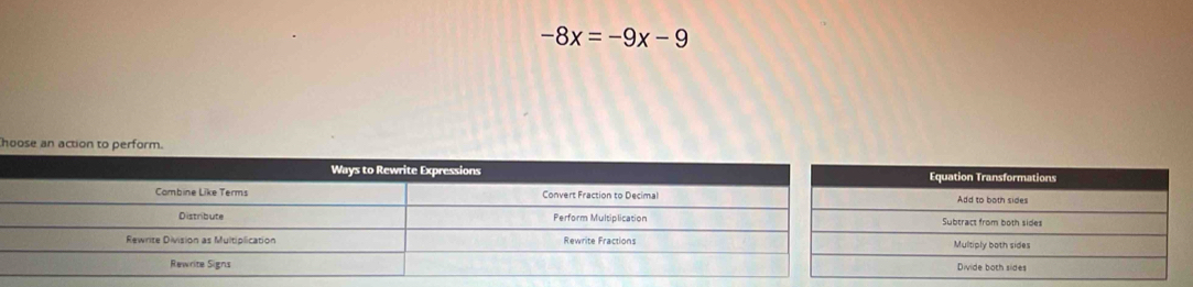 -8x=-9x-9
hoose an action to perform.