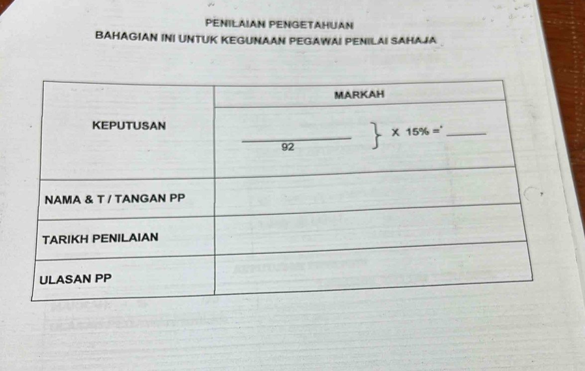 PENILAIAN PENGETAHUAN
BAHAGIAN INI UNTUK KEGUNAAN PEGAWAI PENILAI SAHAJA