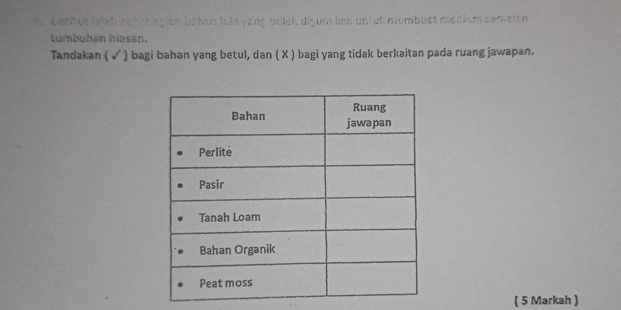 Derikut lefah sahchagian bahan lain yang boleh digunakan unful membuat mediom semaian 
tumbuhan hiasan. 
Tandakan ( √ ) bagi bahan yang betul, dan ( X ) bagi yang tidak berkaitan pada ruang jawapan. 
( 5 Markah )