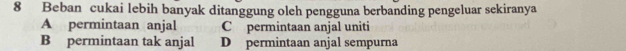 Beban cukai lebih banyak ditanggung oleh pengguna berbanding pengeluar sekiranya
A permintaan anjal C permintaan anjal uniti
B permintaan tak anjal Dpermintaan anjal sempurna